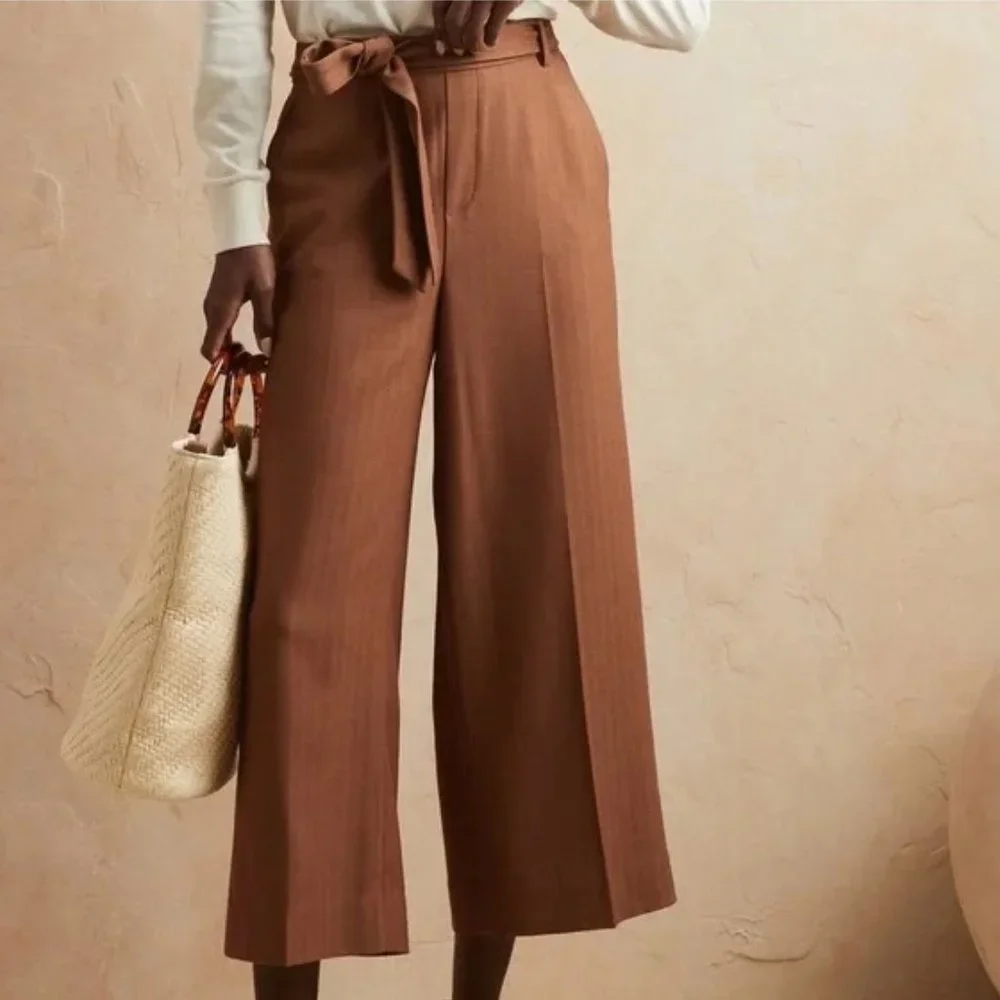 NWOT Banana Republic Rowan Herringbone Tie Waist Wide Leg Crop Pants-Size 10